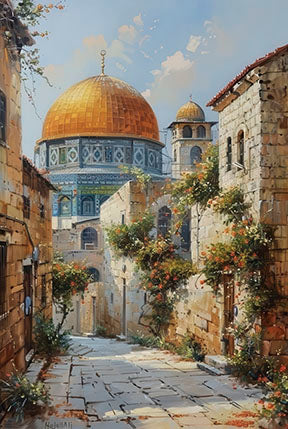 Masjed Al Aqsa Dome of the Rock Jerusalem golden dome canvas art with historic stone streets