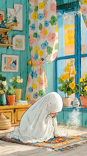 Serene prayer canvas wall art featuring a young girl praying in a peaceful, softly lit interior with warm, calming colors