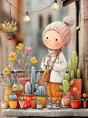Whimsical girl with plants illustrated on premium canvas with colorful potted plants and cozy lighting