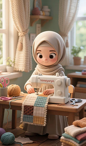 Creative girl sewing canvas artwork showing a girl at a sewing machine in a cozy home setting