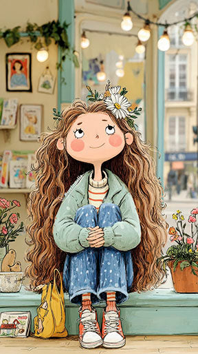 Dreamy girl sitting on cozy canvas art with soft colors and flowing hair