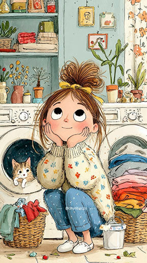 Whimsical Laundry Day Canvas featuring a cheerful girl in a colorful laundry room with MDF frame and glass front panel.