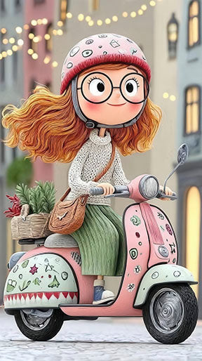 Whimsical girl on pastel pink scooter canvas art with MDF frame and glass front panel for kids room decor