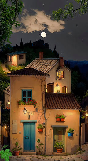 Mediterranean night village canvas art depicting a moonlit village house with serene atmosphere