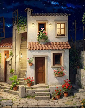 Mediterranean courtyard house under starry night canvas art with MDF frame