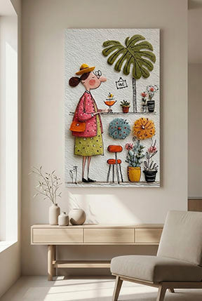Whimsical cafÃƒÆ’Ã†â€™Ãƒâ€šÃ‚Â© girl enjoying drink on canvas art with plants and cozy cafÃƒÆ’Ã†â€™Ãƒâ€šÃ‚Â© setting