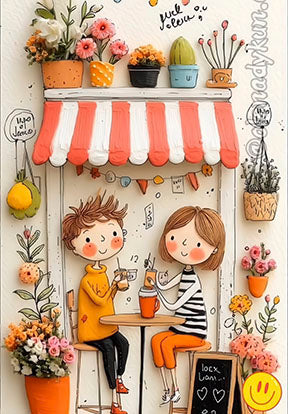 Cute cafÃƒÆ’Ã†â€™Ãƒâ€šÃ‚Â© friends canvas artwork with two friends enjoying drinks and floral accents