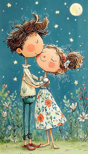 Romantic couple under the moon canvas art showing a loving couple sharing a tender moment under moonlight