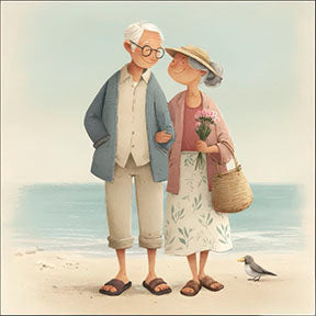 Elderly couple walking by the sea canvas art with soft pastel tones and coastal setting