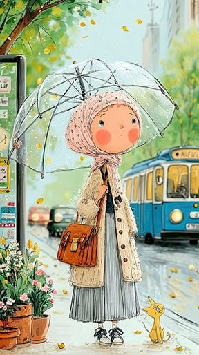 Girl with umbrella canvas art on rainy city street with soft colors and cozy details