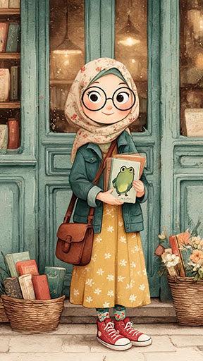 Cute book lover girl standing in front of bookstore canvas art with warm tones and playful illustration