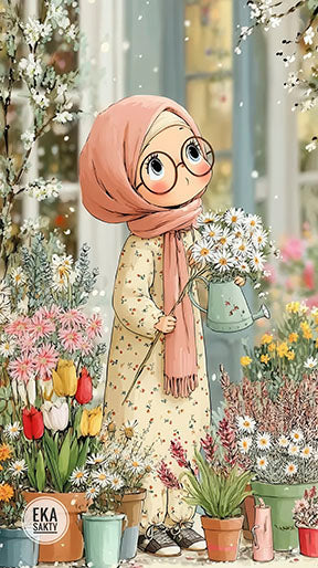 Flower Garden Girl Canvas Art with pastel colors and blooming flowers in MDF frame