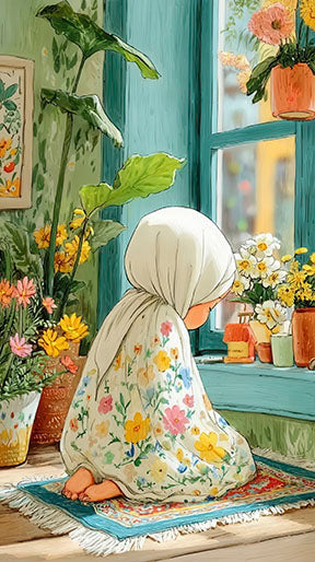 Peaceful prayer girl praying by sunlit window surrounded by plants canvas art