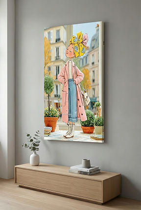 Elegant city girl canvas art with pastel tones by a city window in modern interior