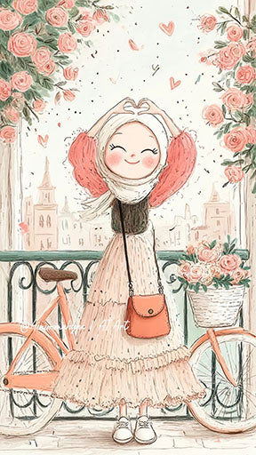 Romantic girl forming heart shape beside bicycle with blooming roses canvas art in pastel tones