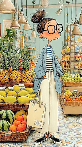 Stylish market girl canvas art featuring a fashionable girl shopping at a vibrant fruit market with warm colors and trendy details