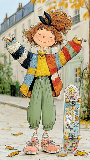 Happy skate girl standing with skateboard colorful canvas art autumn vibes