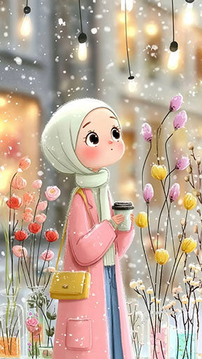 Cozy winter girl canvas art with pastel tones holding warm drink among snow and glowing lights
