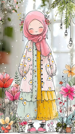 Smiling girl wearing floral hijab surrounded by blooming flowers and hanging lights on canvas art