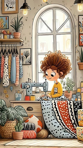 Cozy atelier girl sewing on canvas wall art with colorful fabrics and plants