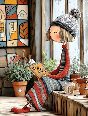 Cozy reading girl illustration on canvas wall art with warm earthy tones and plants