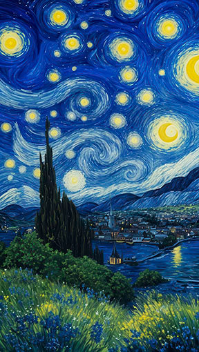 Starry Night Inspired canvas wall art with swirling night sky and glowing stars on premium canvas