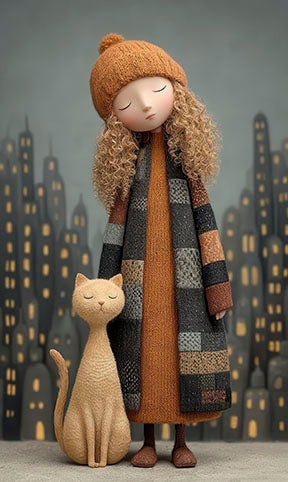 Dreamy girl and cat canvas wall art with city skyline and warm earthy tones