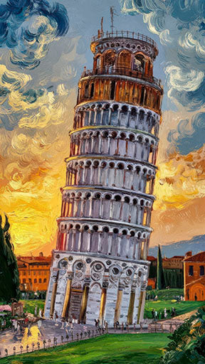 Leaning Tower of Pisa canvas wall art with vibrant colors and dramatic sky on MDF frame