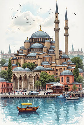 Istanbul mosque waterfront canvas wall art with historic domes and boats