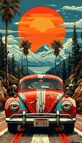 Vintage red car on road trip at sunset with palm trees and mountains vintage road trip sunset canvas art
