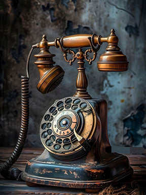 Vintage rotary telephone canvas wall art with metallic tones and distressed finish in MDF frame