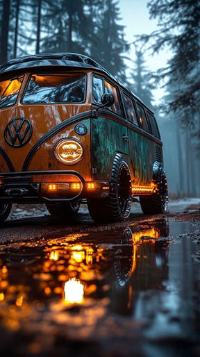 Vintage VW Camper van parked in misty forest at dusk with glowing headlights on wet road canvas wall art