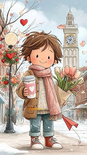 Sweet Valentine Boy Canvas Wall Art showing boy with flowers and warm drink in heart-filled city street