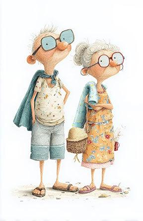 Whimsical elderly couple illustrated canvas wall art with seaside stroll theme and soft colors