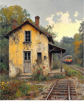 Rustic railway cottage canvas wall art with vintage railway tracks and nature scenery