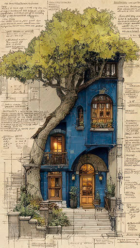 Architectural tree house canvas wall art with blue townhouse and tree illustration in MDF frame