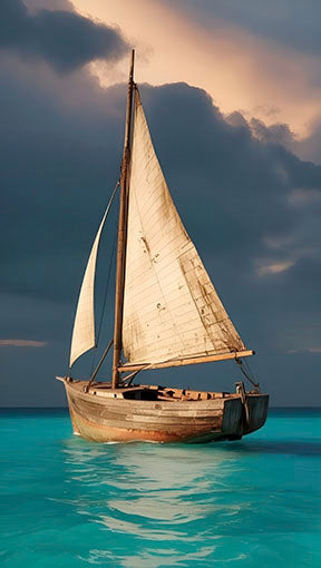 Serene sailboat gliding on turquoise ocean canvas wall art with dramatic sky