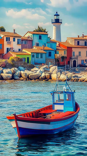 Colorful coastal village with vibrant buildings and wooden boat on calm sea canvas art