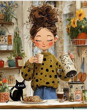 Cozy morning coffee canvas art showing a joyful girl and black cat in a warm kitchen setting