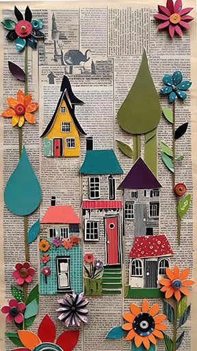 Whimsical Village Collage canvas art with colorful houses, flowers, trees, and vintage newspaper textures in MDF frame