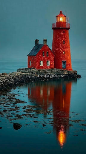 Red lighthouse and cottage reflection on calm blue water canvas with MDF frame and glass front panel