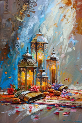 Ramadan Lanterns Canvas Wall Art featuring glowing traditional lanterns in vibrant colors on premium canvas