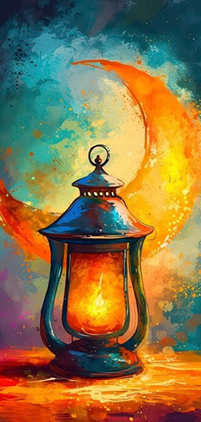 Frameless canvas art of glowing crescent moon lantern in vivid blues and warm golden tones symbolizing Ramadan nights