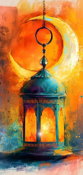 Hanging lantern crescent canvas art with glowing lantern and radiant moon in orange, teal, and gold tones
