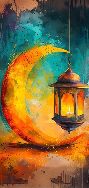 Vibrant canvas art of crescent moon hanging lantern in turquoise, gold, and orange tones