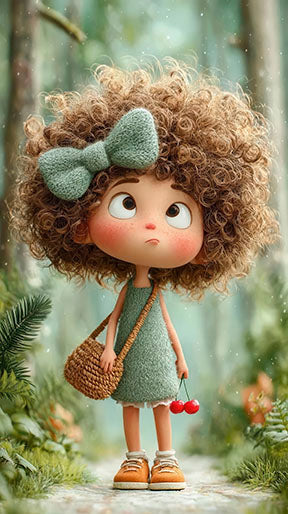 Cute girl illustration on frameless canvas with pastel outfit and dreamy forest background