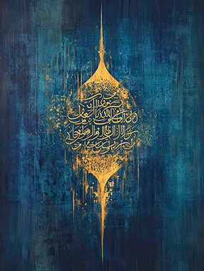 Elegant Islamic calligraphy canvas art in gold on deep blue textured background with MDF frame and glass front panel