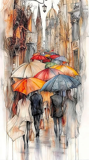 Frameless canvas art of lively city street under colorful umbrellas in sketch and watercolor style