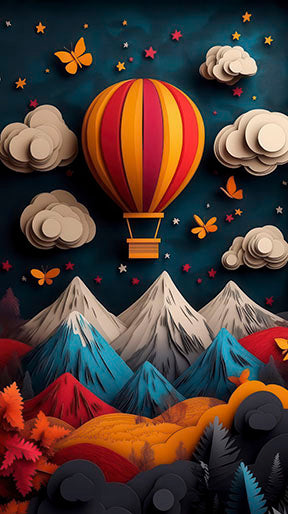 Colorful hot air balloon canvas art with stylized mountains and butterflies in paper-cut style