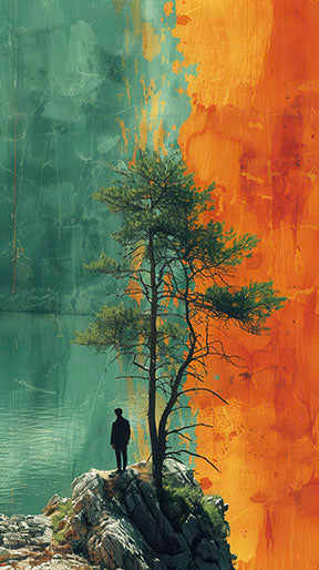 Solitude tree landscape canvas art with solitary figure on rocky cliff and split-tone background in green and amber hues